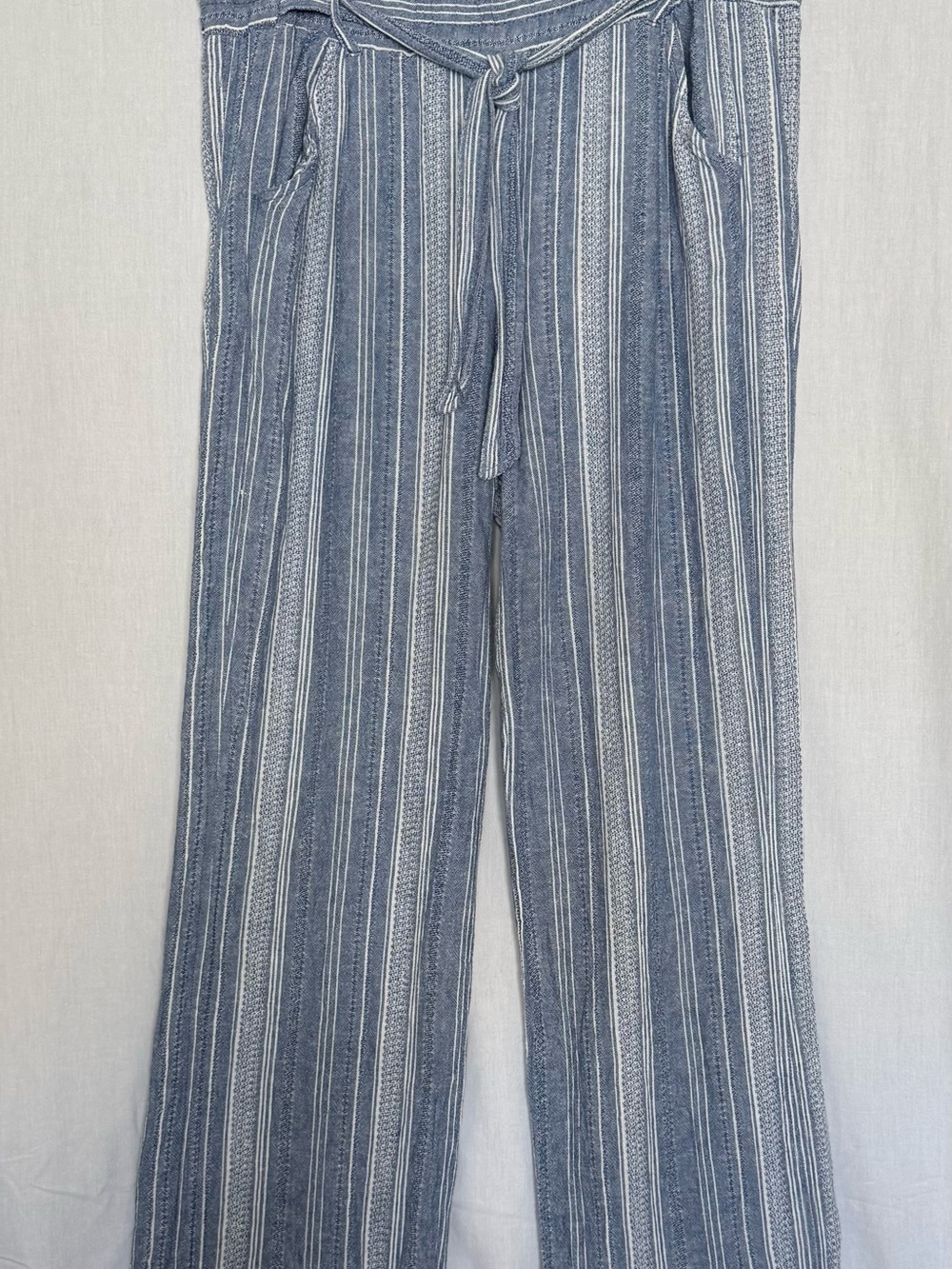 Rewind Linen Blend Paper Bag Pants Tie Elastic Waist Striped Wide Leg Coastal XL